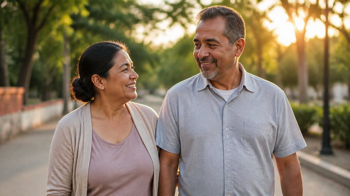 Pareja caminando y sonriendo al atardecer