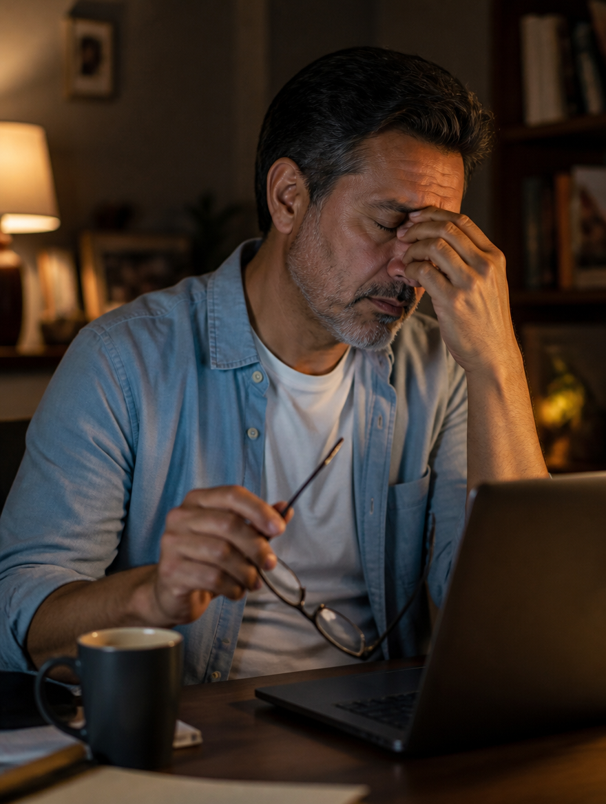 Hombre cansado frente al computador de noche