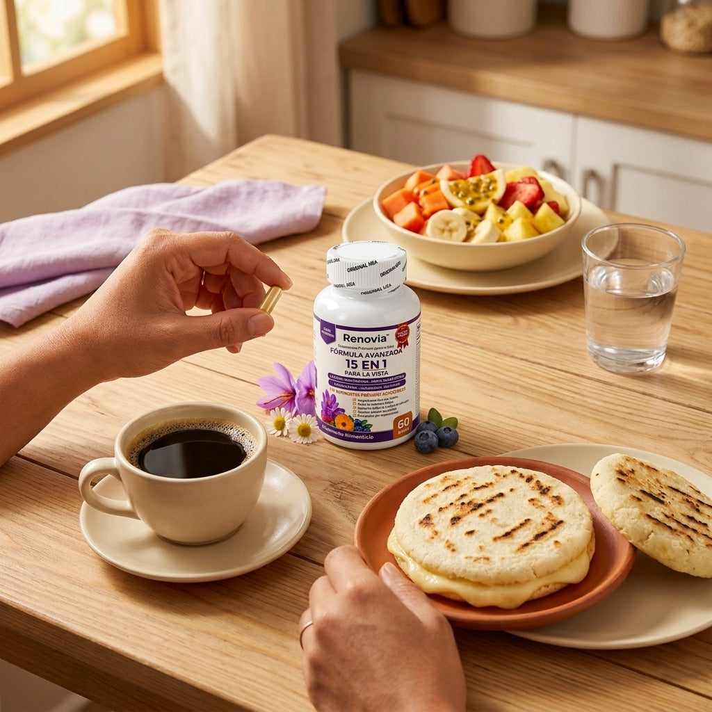Renovia junto a un desayuno con arepa, café y fruta