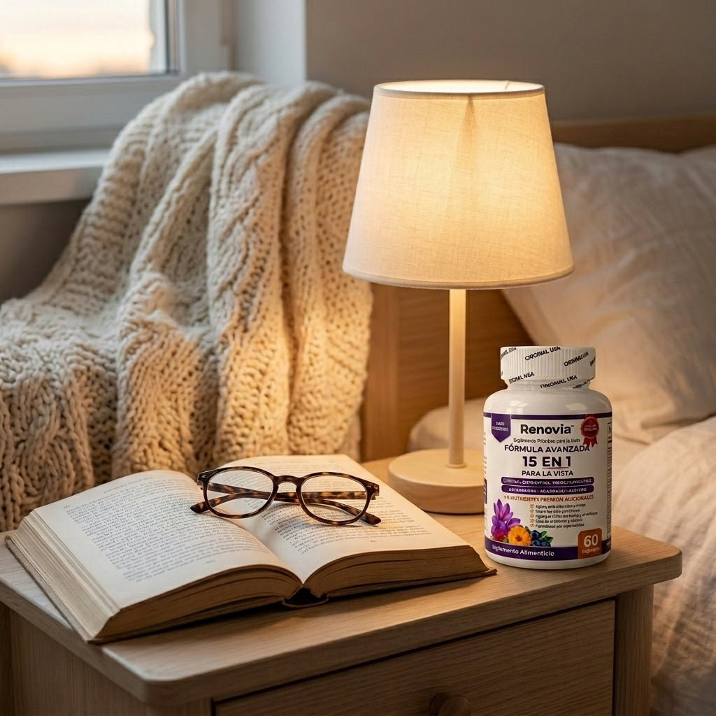 Renovia en la mesa de noche junto a un libro y gafas de lectura