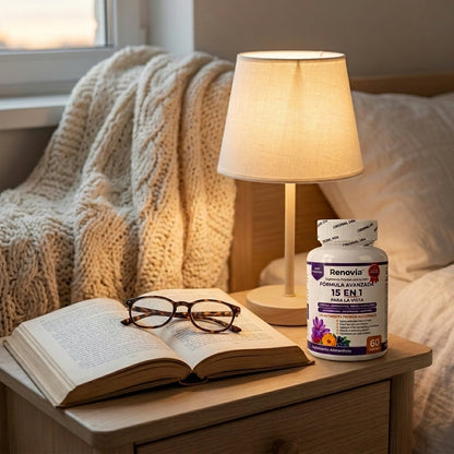 Renovia en la mesa de noche junto a un libro y gafas de lectura