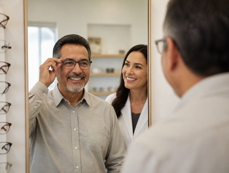 Hombre probándose gafas nuevas en la óptica