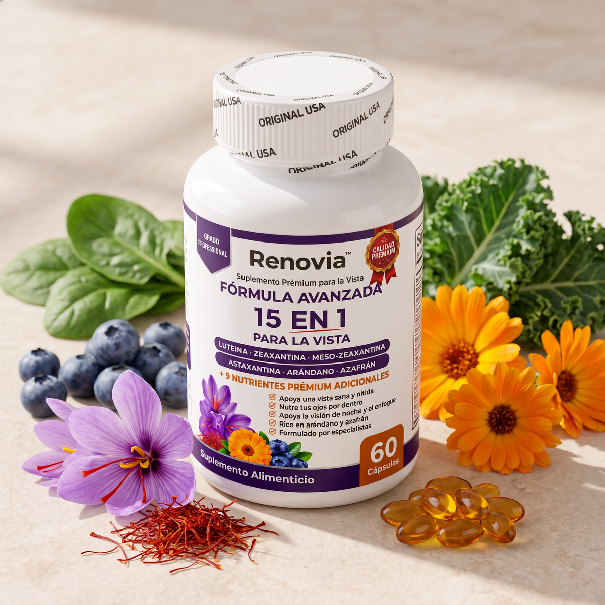 Renovia 15 en 1 con arándanos, azafrán, caléndula, espinaca y kale